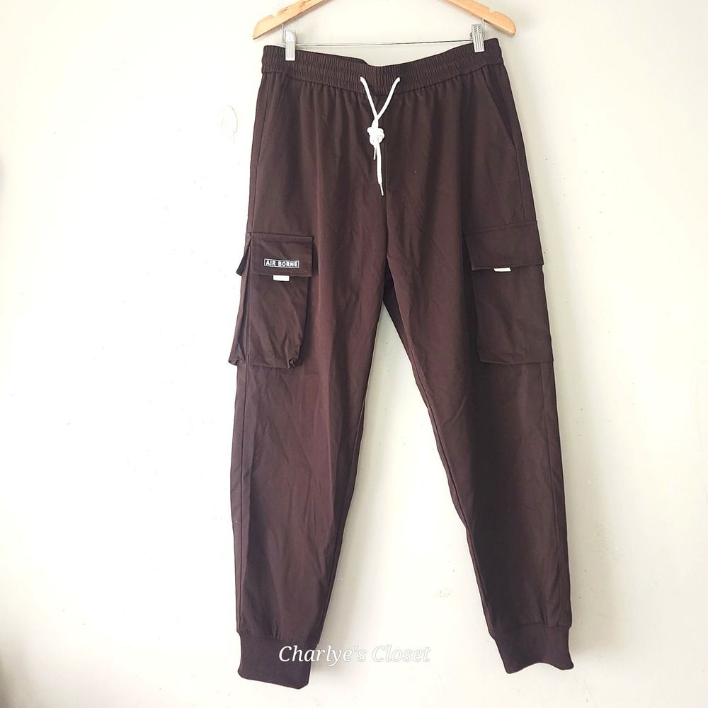 Air Borne Cargo Lightweight Jogger Pants XL Brown Knit Hem Beach Streetwear